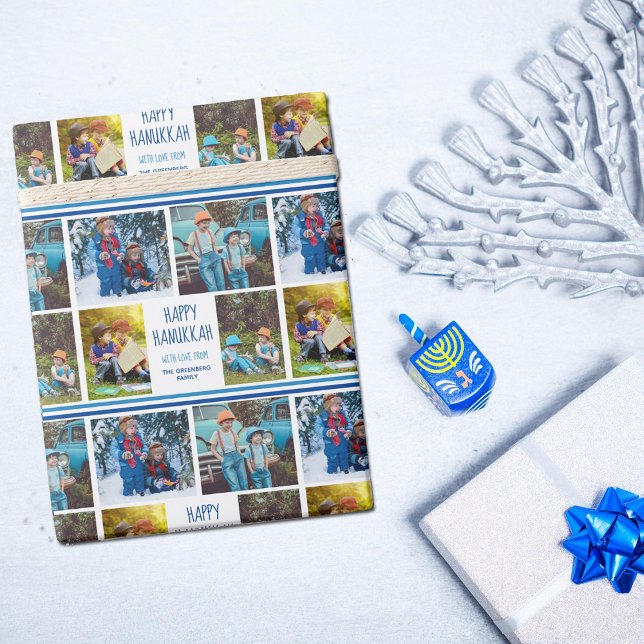 Happy Hanukkah Photo Collage Beautiful Blue Custom Wrapping Paper (Creator Uploaded)