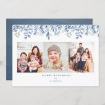 Happy Hanukkah photo collage floral holiday card<br><div class="desc">Modern,  elegant,  Hanukkah photo holiday card featuring blue floral border watercolor illustration. Customise with your personal greeting and family name. 3 photo card perfect to share your family with friends,  and loved ones.</div>