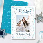 Happy Hanukkah Photo Hand Drawn Cute Custom Note  Holiday Card<br><div class="desc">“Happy Hanukkah.” It's that time to touch base with your family and friends to celebrate Hanukkah and usher in the festival of lights. Fun, whimsical navy blue handwritten script typography, Star of David and turquoise teal blue hand drawn Hanukkah dreidels and sparkles, along with the photo of your choice, overlay...</div>