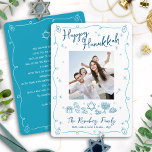 Happy Hanukkah Photo Hand Drawn Doodles Your Note Holiday Card<br><div class="desc">“Happy Hanukkah.” It's that time to touch base with your family and friends to celebrate Hanukkah and usher in the festival of lights. Fun, whimsical navy blue handwritten script typography and turquoise teal blue hand drawn Hanukkah icon doodles, along with the photo of your choice, overlay a white background. Your...</div>