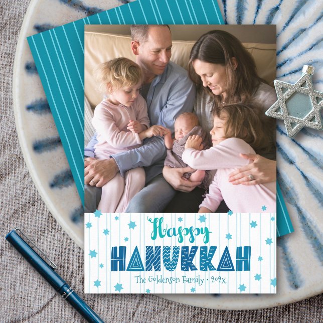 Happy Hanukkah Photo Modern Teal Fun Typography Holiday Card (Creator Uploaded)