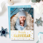 Happy Hanukkah Photo Modern Whimsical Real Gold<br><div class="desc">“Happy Hanukkah.” Fun, playful, whimsical handcrafted real gold foil typography and a random Star of David pattern overlay a clean, white background. Add the photo of your choice and help usher in Hanukkah with this stunning, colourful, personalised real gold foil greeting card. Hand drawn white lines overlay a light turquoise...</div>