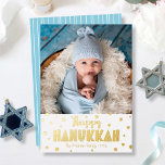 Happy Hanukkah Photo Modern Whimsical Real Gold<br><div class="desc">“Happy Hanukkah.” Fun, playful, whimsical handcrafted real gold foil typography and a random Star of David pattern overlay a clean, white background. Add the photo of your choice and help usher in Hanukkah with this stunning, colourful, personalised real gold foil greeting card. Hand drawn white lines overlay a light turquoise...</div>