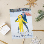 Happy Hanukkah Photo Trendy Vertical Blue Script Holiday Card<br><div class="desc">Modern customisable Jewish full photo vertical Hanukkah card with a winter photograph of your child or family with blue script overlay. Add your favourite Chanukah picture and customise your own Happy Hanukkah message of love and light.</div>