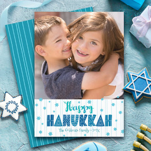 Happy Hanukkah Photo Turquoise Typography Bold  Holiday Card