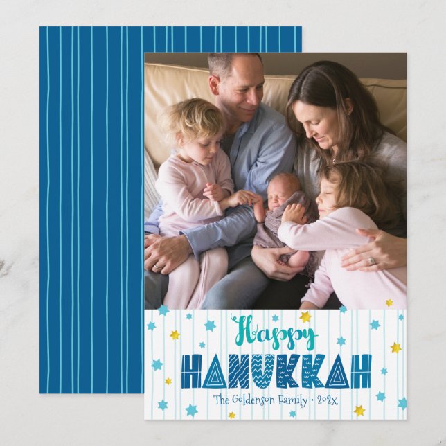 Happy Hanukkah Photo Typography Gold Stars Modern Holiday Card (Front/Back)