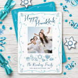 Happy Hanukkah Photo Whimsical Hand Drawn Doodles Holiday Card<br><div class="desc">“Happy Hanukkah.” It's that time to touch base with your family and friends to celebrate Hanukkah and usher in the festival of lights. Fun, whimsical navy blue handwritten script typography and turquoise teal blue hand drawn Hanukkah icon doodles, along with the photo of your choice, overlay a white background. Additional...</div>
