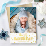 Happy Hanukkah Photo Whimsical Stars Real Gold<br><div class="desc">“Happy Hanukkah.” Fun, playful, whimsical handcrafted real gold foil typography and a random Star of David pattern overlay a clean, white background. Add the photo of your choice and help usher in Hanukkah with this stunning, colourful, personalised real gold foil greeting card. Faux gold metallic ombre is on the back....</div>