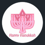 Happy Hanukkah Pink Menorah Classic Round Sticker<br><div class="desc">Customisable Holiday Cards,  Tees and Gifts</div>