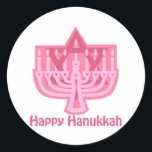 Happy Hanukkah Pink Menorah Classic Round Sticker<br><div class="desc">Customisable Holiday Cards,  Tees and Gifts</div>