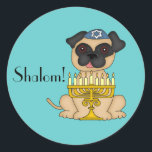 Happy Hanukkah-Pug Dog with Menorah Classic Round Sticker<br><div class="desc">This very cute sticker has a little Pug dog,  wearing a blue yarmulke with a Star of David and a Menorah sitting in front of him. You can customise the text of "Shalom!" if you wish,  or delete.</div>