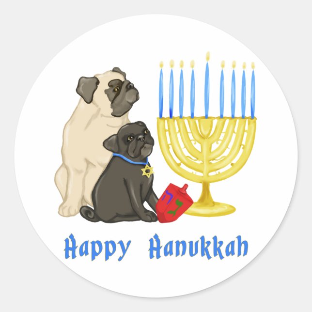 Happy Hanukkah Pugs and Menorah Stickers (Front)