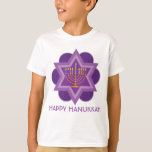 Happy Hanukkah purple1 T-Shirt<br><div class="desc">Happy Hanukkah in shades of purple with yellow menorah and David's star in a background. Colourful candles. Great as a gift. 


Wishing you happy Hanukkah!</div>