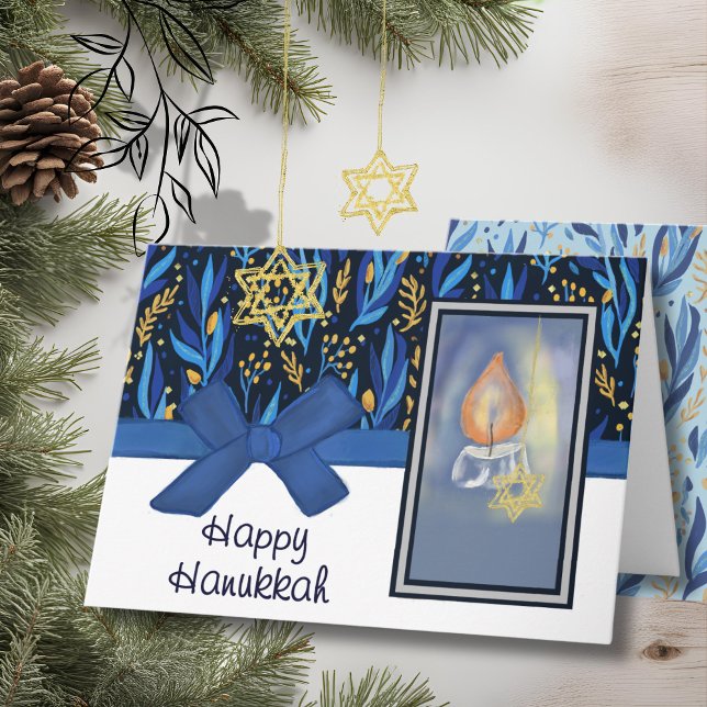 Happy Hanukkah Rich Blue & Gold Foliage & Candle Holiday Card (Happy Hanukkah Rich Blue & Gold Foliage & Candle Holiday Card)
