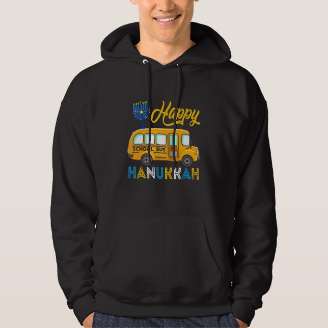 Happy Hanukkah School Bus Carrying Jewish Menorah  Hoodie (Front)