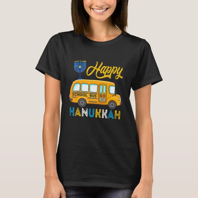 Happy Hanukkah School Bus Carrying Jewish Menorah  T-Shirt (Front)