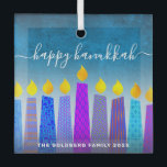 Happy Hanukkah Script Menorah Candles Turquoise Glass Tree Decoration<br><div class="desc">“Happy Hanukkah.” A playful, modern, artsy illustration of boho pattern candles helps you usher in the holiday of Hanukkah in style. Assorted blue candles with colourful faux foil patterns and your family name and year, overlay a turquoise gradient to white textured background. Feel the warmth and joy of the holiday...</div>