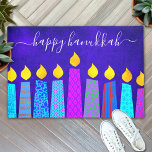 Happy Hanukkah Script Modern Boho Candles on Blue Doormat<br><div class="desc">“Happy Hanukkah.” Decorate your entryway in “style” with this unique, fun custom holiday welcome mat! A playful, modern, artsy illustration of boho pattern candles in a menorah helps you usher in the holiday of Hanukkah. Assorted blue candles with colourful faux foil patterns and gold faux foil flames overlay a rich,...</div>