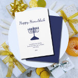 Happy Hanukkah Simple Blue Menorah<br><div class="desc">Happy Hanukkah Holiday greeting card,  with a simple blue menorah and script typography design. With blue customisable lettering,  you can add your own information. A festive way to send well wishes to friends and loved ones.</div>