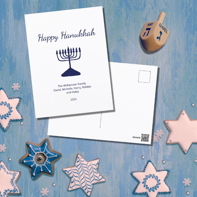 Happy Hanukkah Simple Blue Menorah  Holiday Postcard (Creator Uploaded)