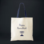 Happy Hanukkah Simple Blue Menorah  Tote Bag<br><div class="desc">Happy Hanukkah tote bag,  with a simple blue menorah and script typography design. With white customisable lettering,  you can add your own text. A festive way to enjoy the holiday season.</div>