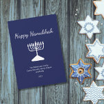 Happy Hanukkah Simple Menorah Blue  Holiday Card<br><div class="desc">Happy Hanukkah Blue Holiday greeting card,  with a simple white menorah and script typography design. With white customisable lettering,  you can add your own information. A festive way to send well wishes to friends and loved ones.</div>