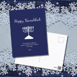 Happy Hanukkah Simple Menorah Blue  Holiday Postcard<br><div class="desc">Happy Hanukkah Blue Holiday postcard,  with a simple white menorah and script typography design. With white customisable lettering,  you can add your own information. A festive way to send well wishes to friends and loved ones.</div>