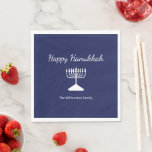 Happy Hanukkah Simple Menorah Blue  Napkin<br><div class="desc">Happy Hanukkah Blue Holiday party napkin,  with a simple white menorah and script typography design. With white customisable lettering,  you can add your own information. A festive way to celebrate with friends and loved ones.</div>