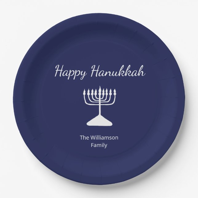 Happy Hanukkah Simple Menorah Blue  Paper Plate (Front)