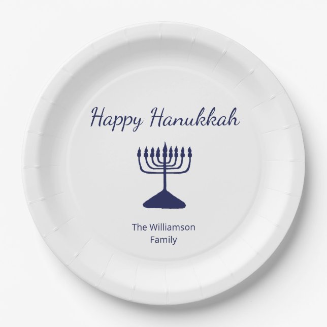 Happy Hanukkah Simple Menorah Blue White Paper Plate (Front)