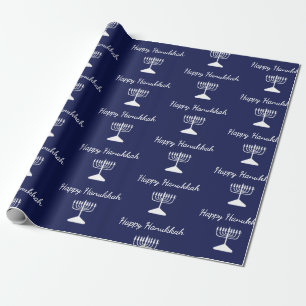 Happy Hanukkah Simple Menorah Pattern Blue  Wrapping Paper