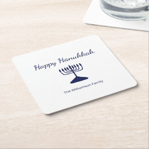 Happy Hanukkah Simple Menorah  Square Paper Coaster