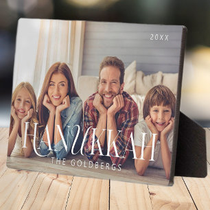 Happy Hanukkah Simple Modern Chic Family Photo Plaque