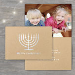 Happy Hanukkah Simple Modern Menorah One Photo<br><div class="desc">Wish family and friends the simple gifts of light and love for Hanukkah with an elegant custom photo folded card. All text on this template (including "Happy Hanukkah" on front) is simple to customise with any wording. The natural kraft, white and silver foil design features modern minimalist typography, a menorah...</div>