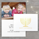 Happy Hanukkah Simple Modern Menorah One Photo Foil Card<br><div class="desc">Wish family and friends the simple gifts of light and love for Hanukkah with an elegant custom photo folded card. All text on this template (including "Happy Hanukkah" on front) is simple to customise with any wording. The natural kraft, white and silver foil design features modern minimalist typography, a menorah...</div>