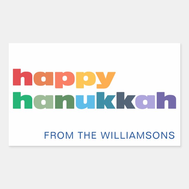 Happy Hanukkah Simple Rainbow Typography Custom Rectangular Sticker (Front)