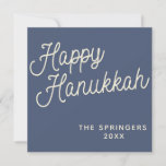 Happy Hanukkah | Simple Retro Typography in Blue Holiday Card<br><div class="desc">Simple Happy Hanukkah greeting written in a fun retro lettering script style on a dark blue background,  personalised with your name.</div>