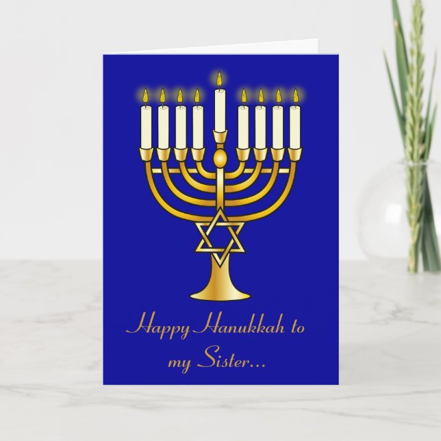 Happy Hanukkah Sister with Menorah Holiday Card (Front)