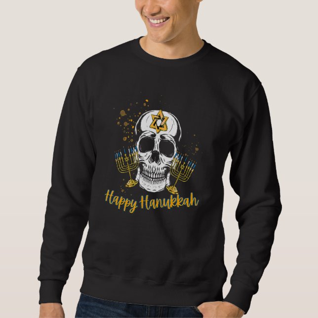 Happy Hanukkah Skull Menorah Hanukkah Cool Skeleto Sweatshirt (Front)