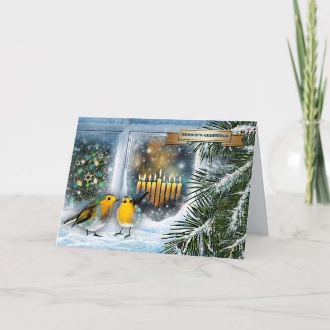 Happy Hanukkah. Snow Window Scene with Menorah Holiday Card (Front)