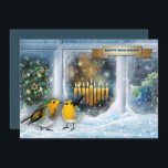 Happy Hanukkah. Snow Window Scene with Menorah Holiday Card<br><div class="desc">Happy Hanukkah. Snow Window Scene with Birds and Menorah Candles Painting customisable Hanukkah Flat Greeting Cards. Matching cards and gifts available in the Jewish Holidays / Hanukkah Category of our store.</div>