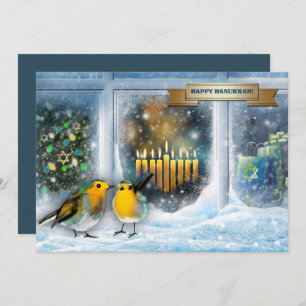 Happy Hanukkah. Snow Window Scene with Menorah Holiday Card