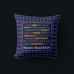 HAPPY HANUKKAH | Spiritual Fruit | BLUE Cushion<br><div class="desc">Colourful festive pillow with faux silver Star of David in subtle background pattern. FRUIT OF THE SPIRIT including Hebrew translations are written in red,  yellow and green. HAPPY HANUKKAH is customisable if you want to add your name. Part of the HANUKKAH Collection.</div>