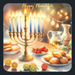 Happy Hanukkah Square Sticker<br><div class="desc">Hanukkah watercolor illustration. A beautifully arranged table set for a festive celebration, featuring a traditional menorah with lit candles. Soft, warm light, while holiday decorations add a touch of cheer. Warm lights creating a cosy, inviting atmosphere.</div>