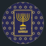 HAPPY HANUKKAH Star David BLUE Classic Round Sticker<br><div class="desc">Stylish festive HANUKKAH stickers with faux gold Star of David as a background pattern.  Part of the FESTIVE STARS Collection by Berean Designs.</div>
