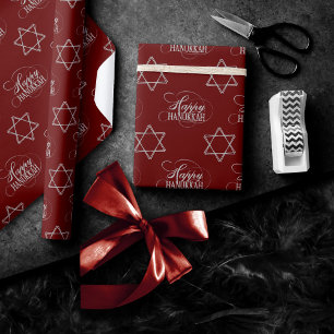 Happy Hanukkah Star of David Classic Red Silver Wrapping Paper
