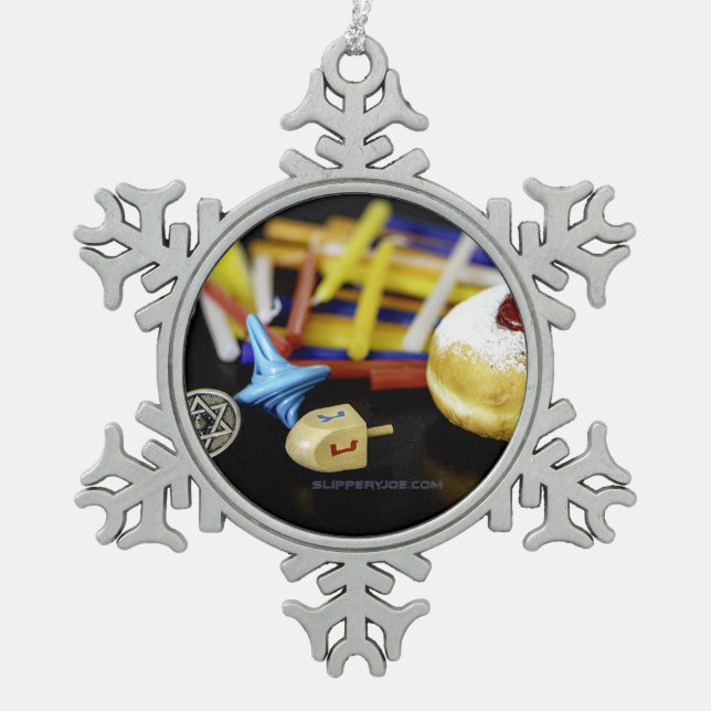 Happy Hanukkah Star of David menorah Dreidel Slipp Snowflake Pewter Christmas Ornament (Front)