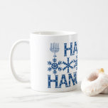Happy Hanukkah Star of David Menorah Snowflakes Coffee Mug<br><div class="desc">Happy Hanukkah Wishes Star of David Menorah Hebrew Festival of Light Celebration Jewish Holiday Snowflakes Typography Pattern Blue and White Coffee Mug</div>