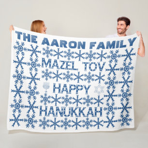 Happy Hanukkah Star of David Menorah Snowflakes Fleece Blanket