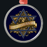 Happy Hanukkah Star of David Metal Tree Decoration<br><div class="desc">Elegant Jewish Star of David (Magen David) traditional blue and white hexagram symbol against a gold and black baroque fluerish background with a gold ribbon and holiday greeting wishes for a Happy Hanukkah. Art of artist Margaret Loftin Whiting.</div>